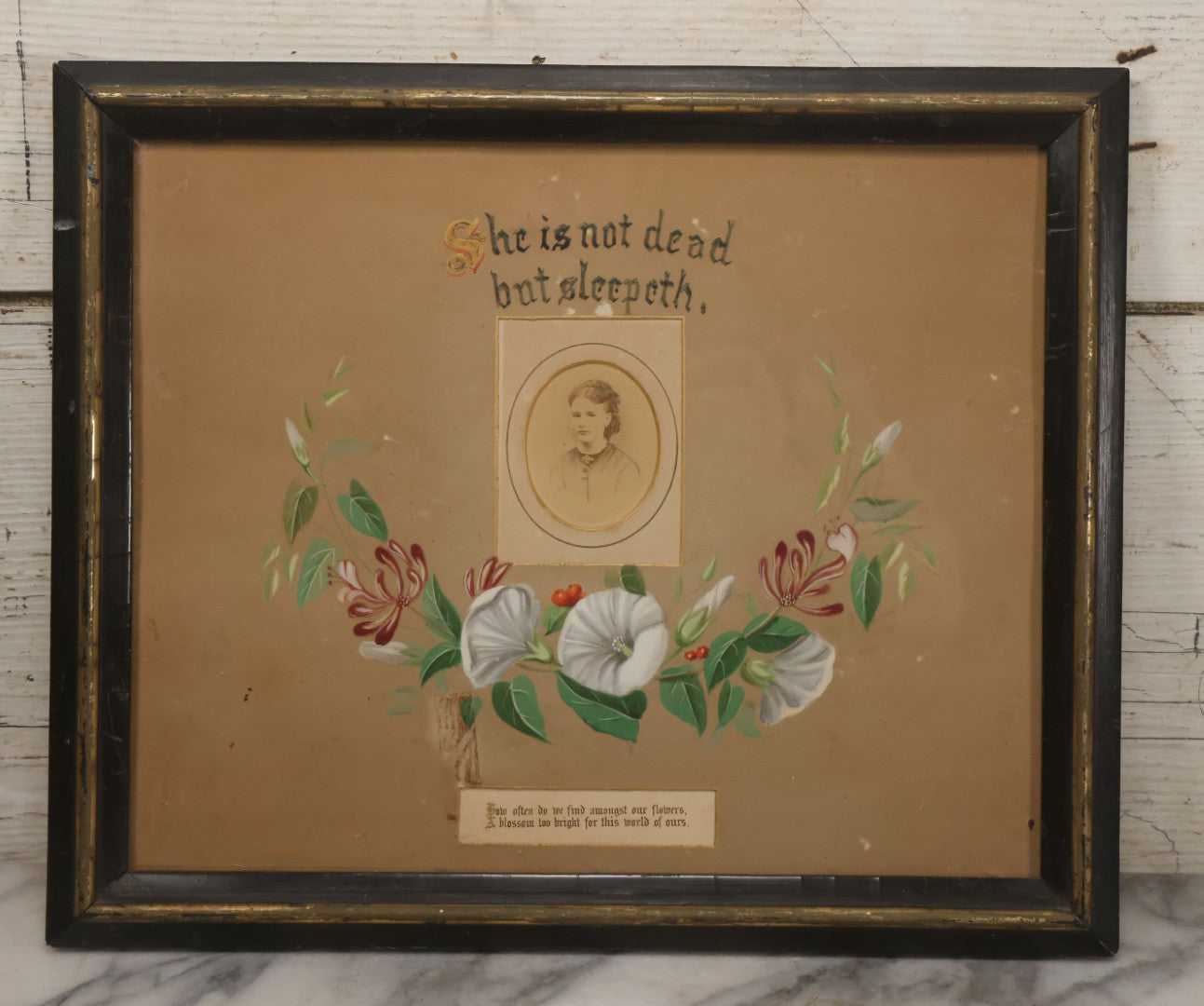 Lot 031 - Antique Mourning Art Painted Mat Photo Frame With Carte De Visite C.D.V. Photograph Of Woman, "She Is Not Dead But Sleepeth", Painting Of Flowers, 14-5/8" x 12-1/8"