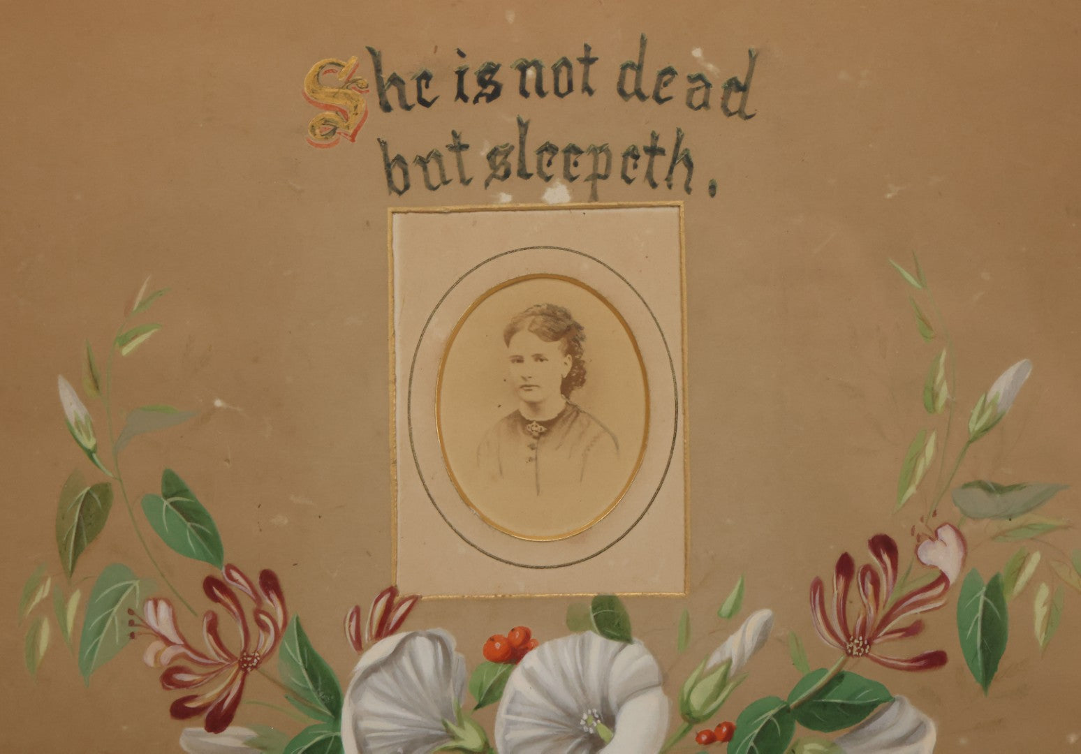Lot 031 - Antique Mourning Art Painted Mat Photo Frame With Carte De Visite C.D.V. Photograph Of Woman, "She Is Not Dead But Sleepeth", Painting Of Flowers, 14-5/8" x 12-1/8"