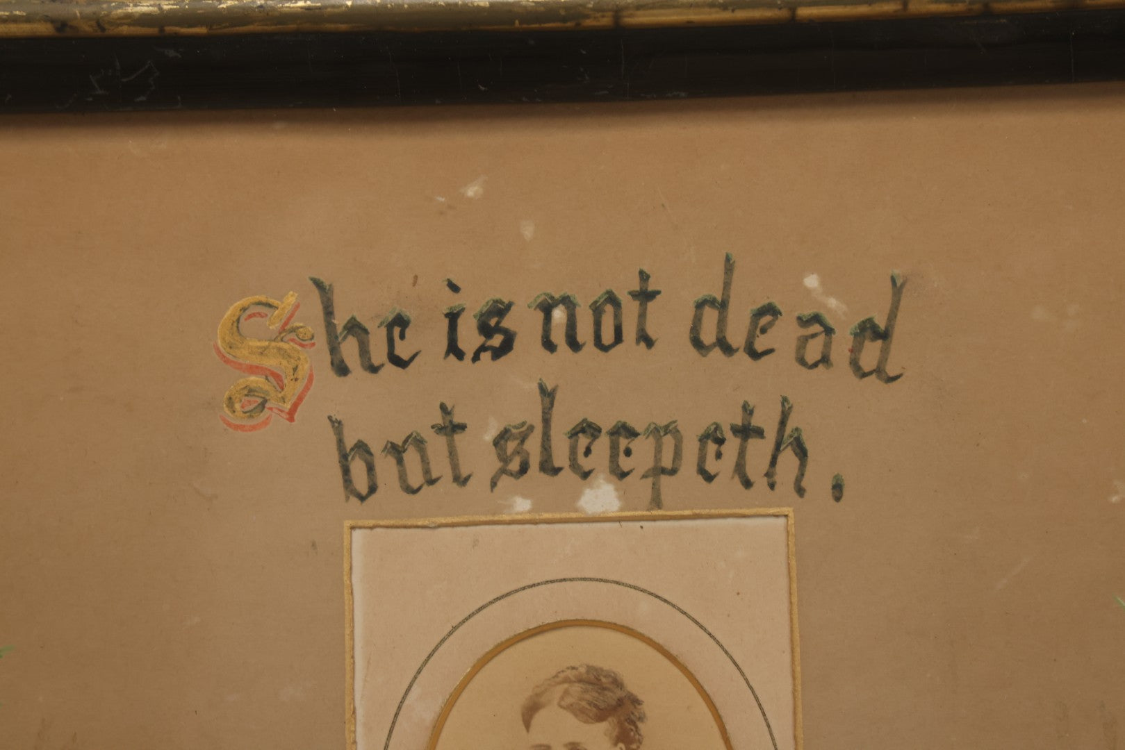 Lot 031 - Antique Mourning Art Painted Mat Photo Frame With Carte De Visite C.D.V. Photograph Of Woman, "She Is Not Dead But Sleepeth", Painting Of Flowers, 14-5/8" x 12-1/8"