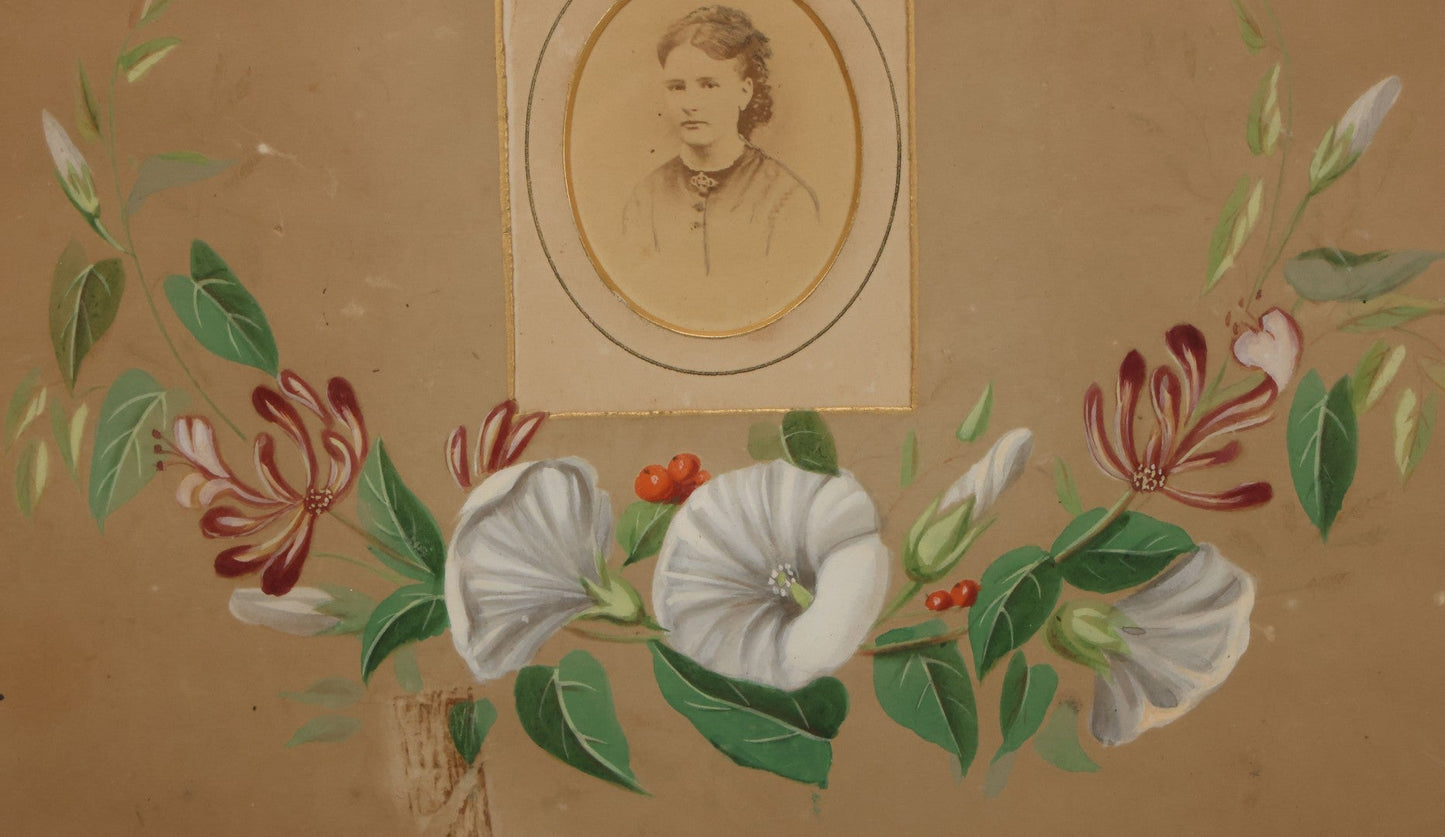 Lot 031 - Antique Mourning Art Painted Mat Photo Frame With Carte De Visite C.D.V. Photograph Of Woman, "She Is Not Dead But Sleepeth", Painting Of Flowers, 14-5/8" x 12-1/8"