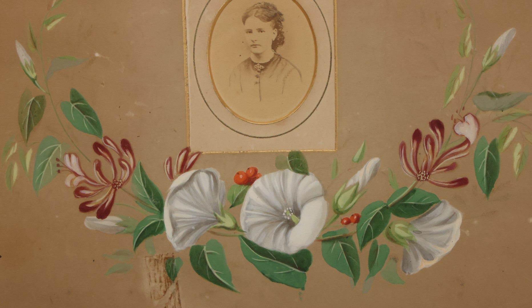 Lot 031 - Antique Mourning Art Painted Mat Photo Frame With Carte De Visite C.D.V. Photograph Of Woman, "She Is Not Dead But Sleepeth", Painting Of Flowers, 14-5/8" x 12-1/8"