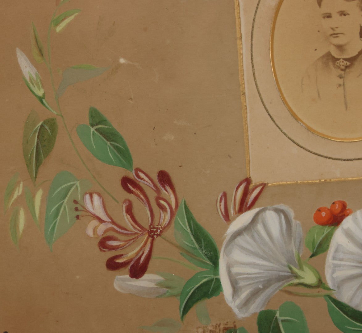 Lot 031 - Antique Mourning Art Painted Mat Photo Frame With Carte De Visite C.D.V. Photograph Of Woman, "She Is Not Dead But Sleepeth", Painting Of Flowers, 14-5/8" x 12-1/8"
