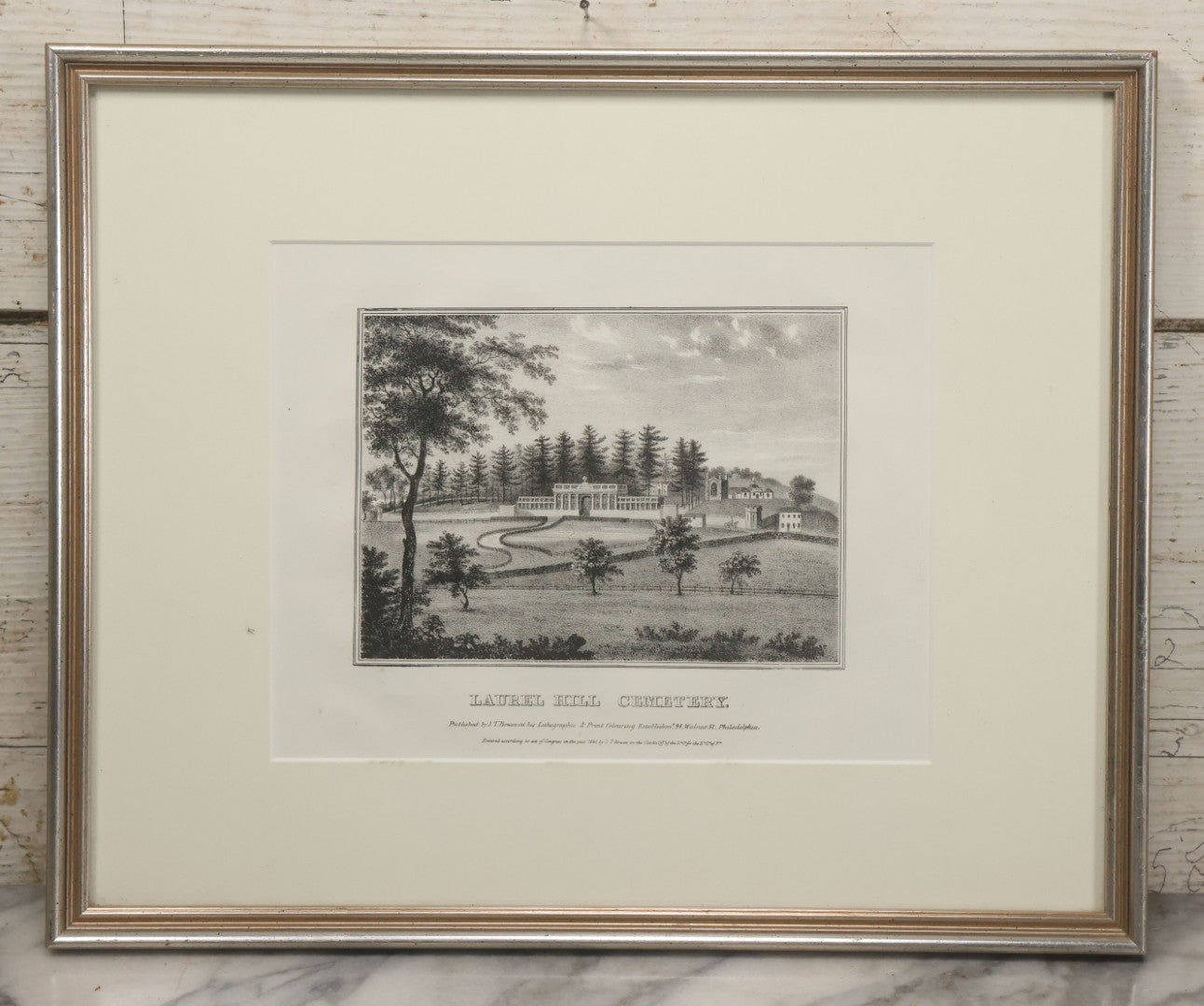 Lot 032 - Antique Lithograph Print Of Laurel Hill Cemetery, Philadelphia Pennsylvania, Published By J.T. Bowen, 1840, In Modern Frame, 15-1/4" x 12-1/2"