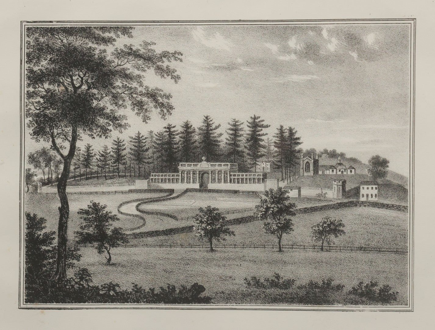 Lot 032 - Antique Lithograph Print Of Laurel Hill Cemetery, Philadelphia Pennsylvania, Published By J.T. Bowen, 1840, In Modern Frame, 15-1/4" x 12-1/2"