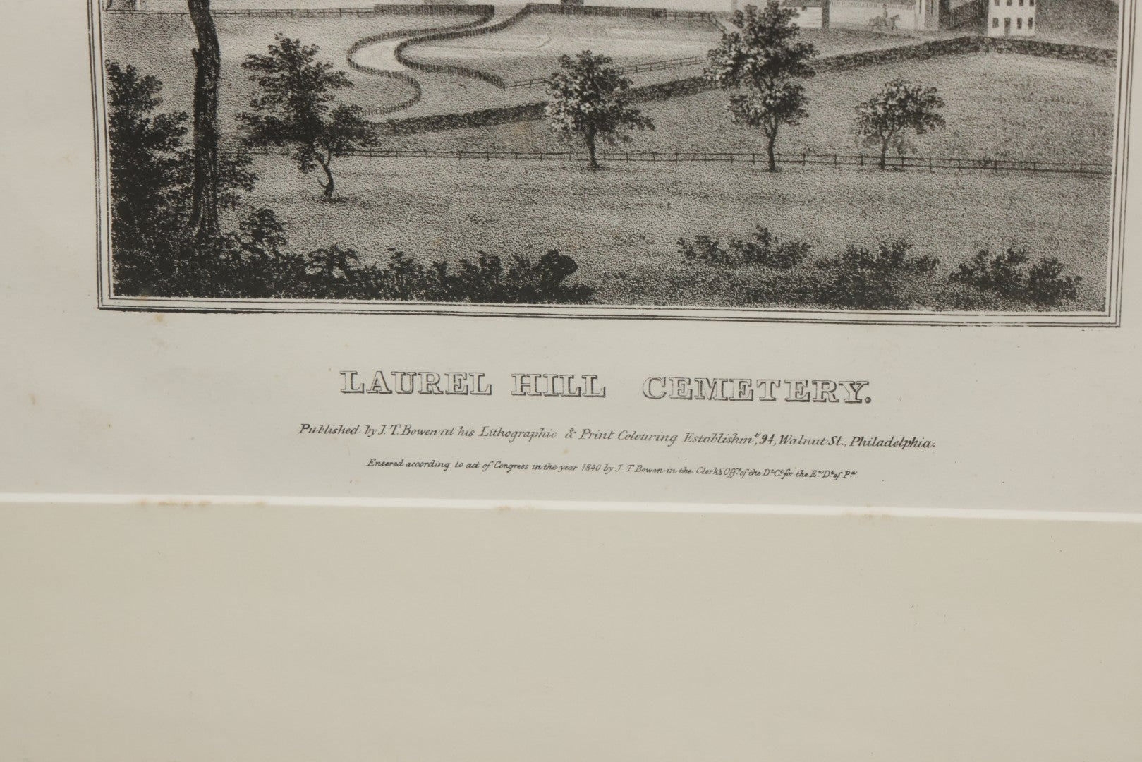 Lot 032 - Antique Lithograph Print Of Laurel Hill Cemetery, Philadelphia Pennsylvania, Published By J.T. Bowen, 1840, In Modern Frame, 15-1/4" x 12-1/2"