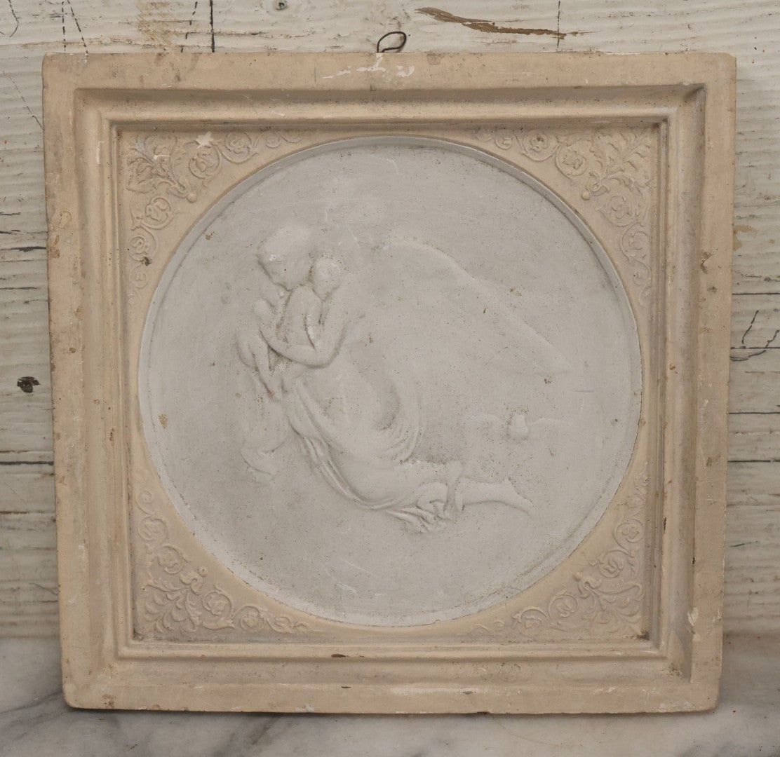 Lot 033 - Antique White Ceramic Wall Plaque Featuring A Guardian Angel Carrying Two Babies, With An Owl In Flight In The Background, 6-7/8" Sides
