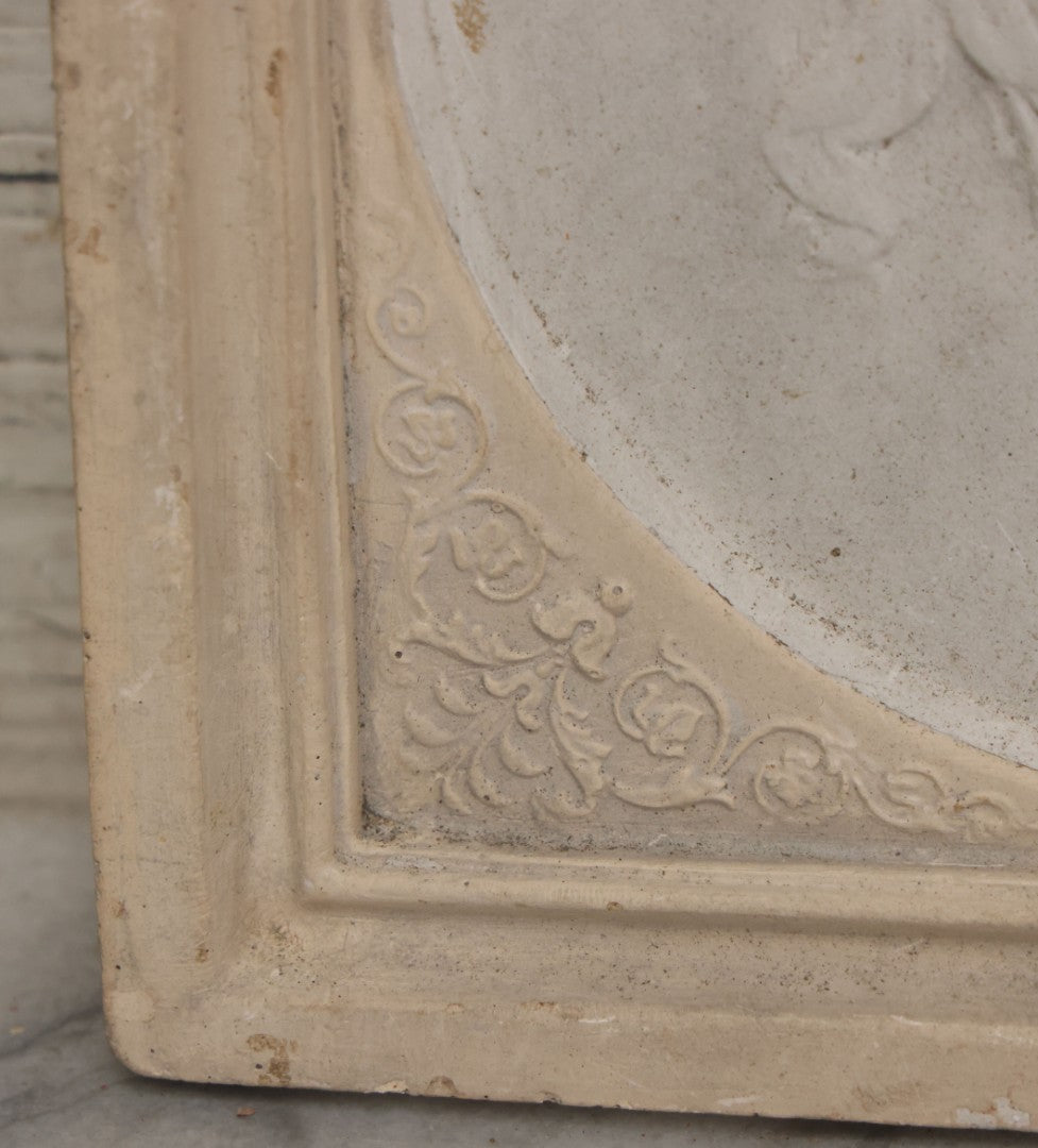 Lot 033 - Antique White Ceramic Wall Plaque Featuring A Guardian Angel Carrying Two Babies, With An Owl In Flight In The Background, 6-7/8" Sides