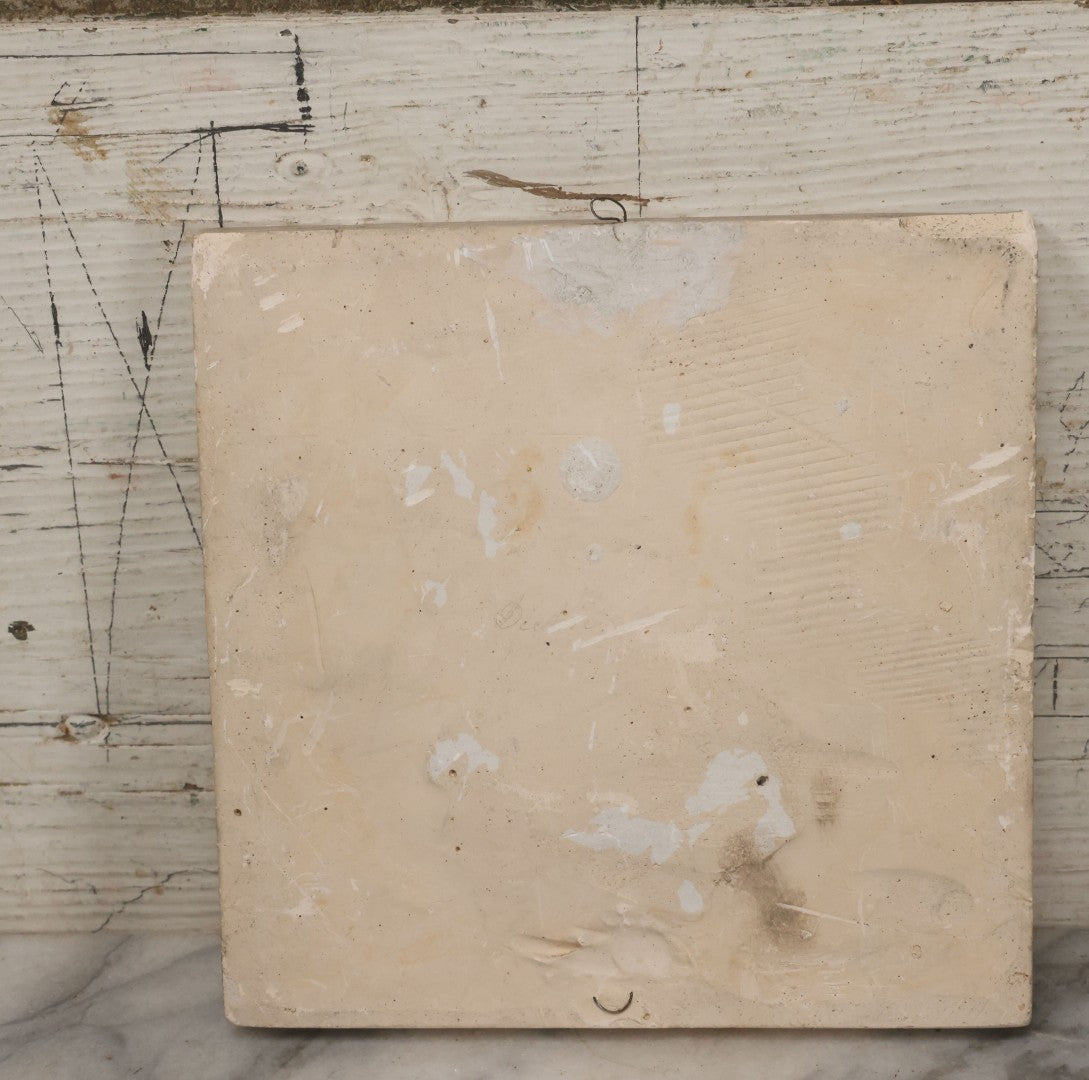 Lot 033 - Antique White Ceramic Wall Plaque Featuring A Guardian Angel Carrying Two Babies, With An Owl In Flight In The Background, 6-7/8" Sides