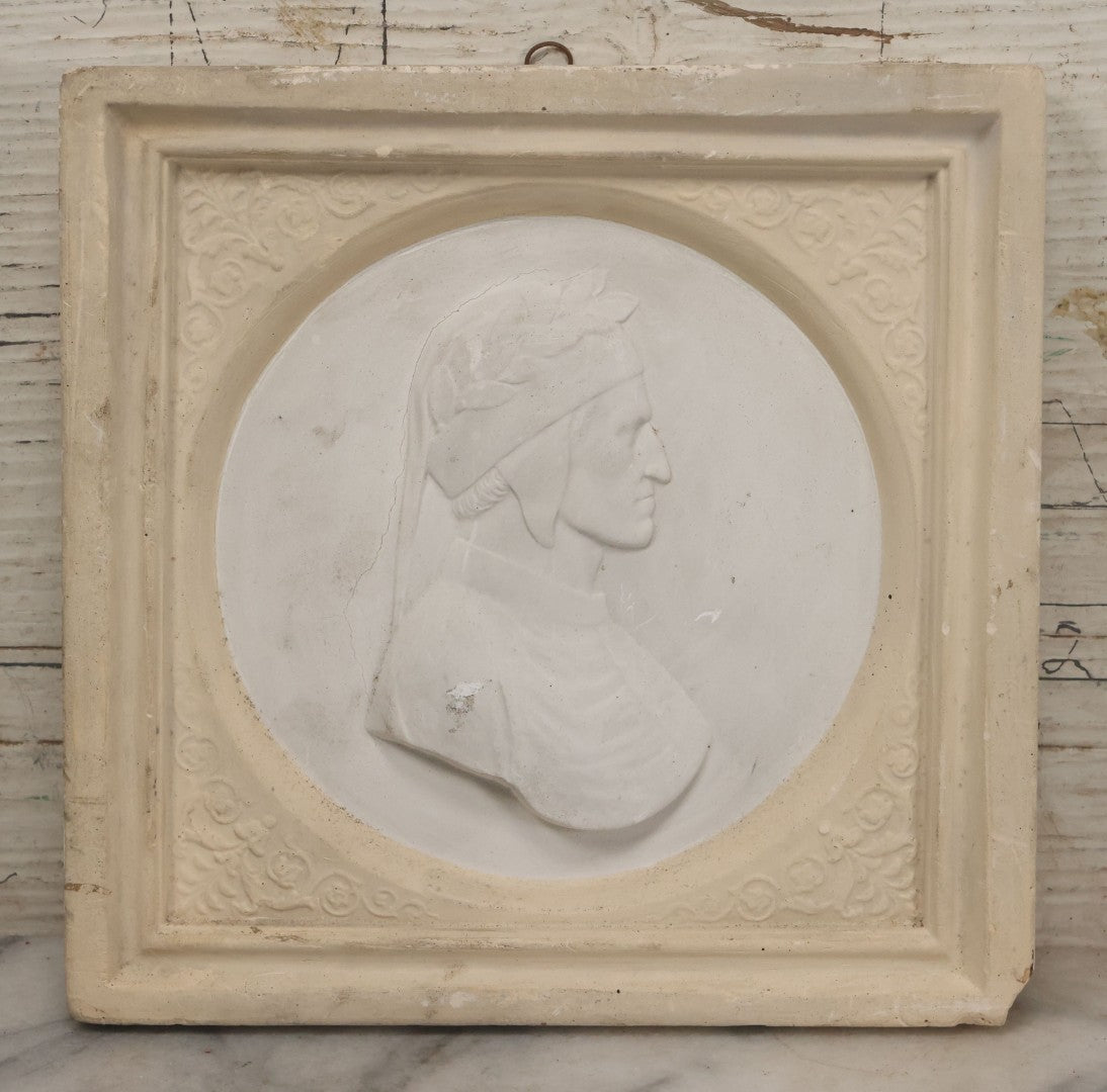 Lot 034 - Antique White Ceramic Wall Plaque Featuring Poet Dante Alighieri In Profile, 6-7/8" Sides