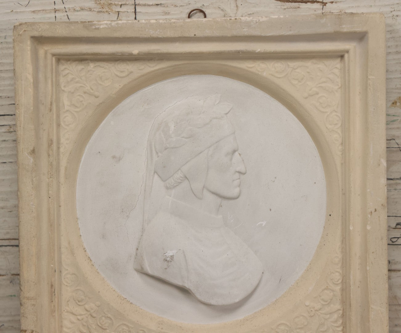 Lot 034 - Antique White Ceramic Wall Plaque Featuring Poet Dante Alighieri In Profile, 6-7/8" Sides