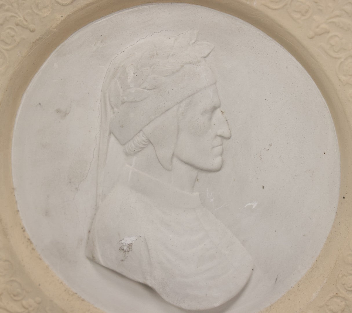 Lot 034 - Antique White Ceramic Wall Plaque Featuring Poet Dante Alighieri In Profile, 6-7/8" Sides