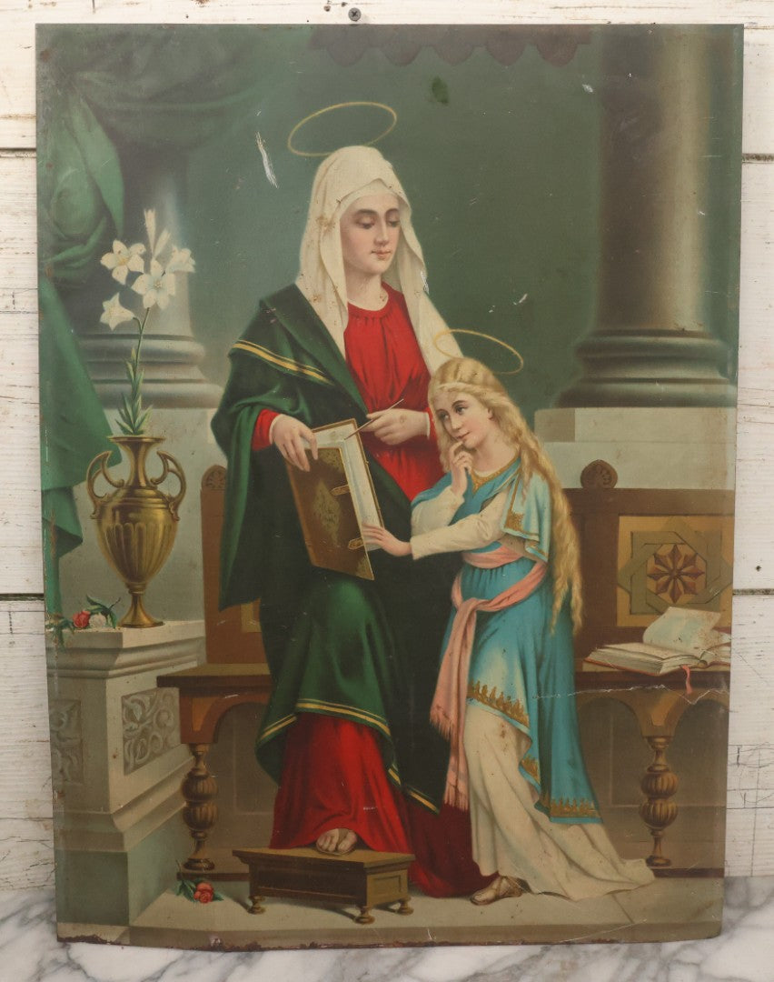 Lot 035 - Antique Tin Lithograph Christian Religious Print Of Saint Anne And Daughter Mary, Unframed, 17-1/2" x 23-1/2"