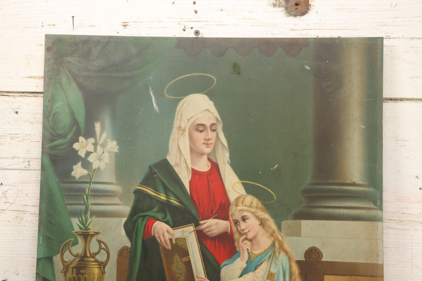 Lot 035 - Antique Tin Lithograph Christian Religious Print Of Saint Anne And Daughter Mary, Unframed, 17-1/2" x 23-1/2"