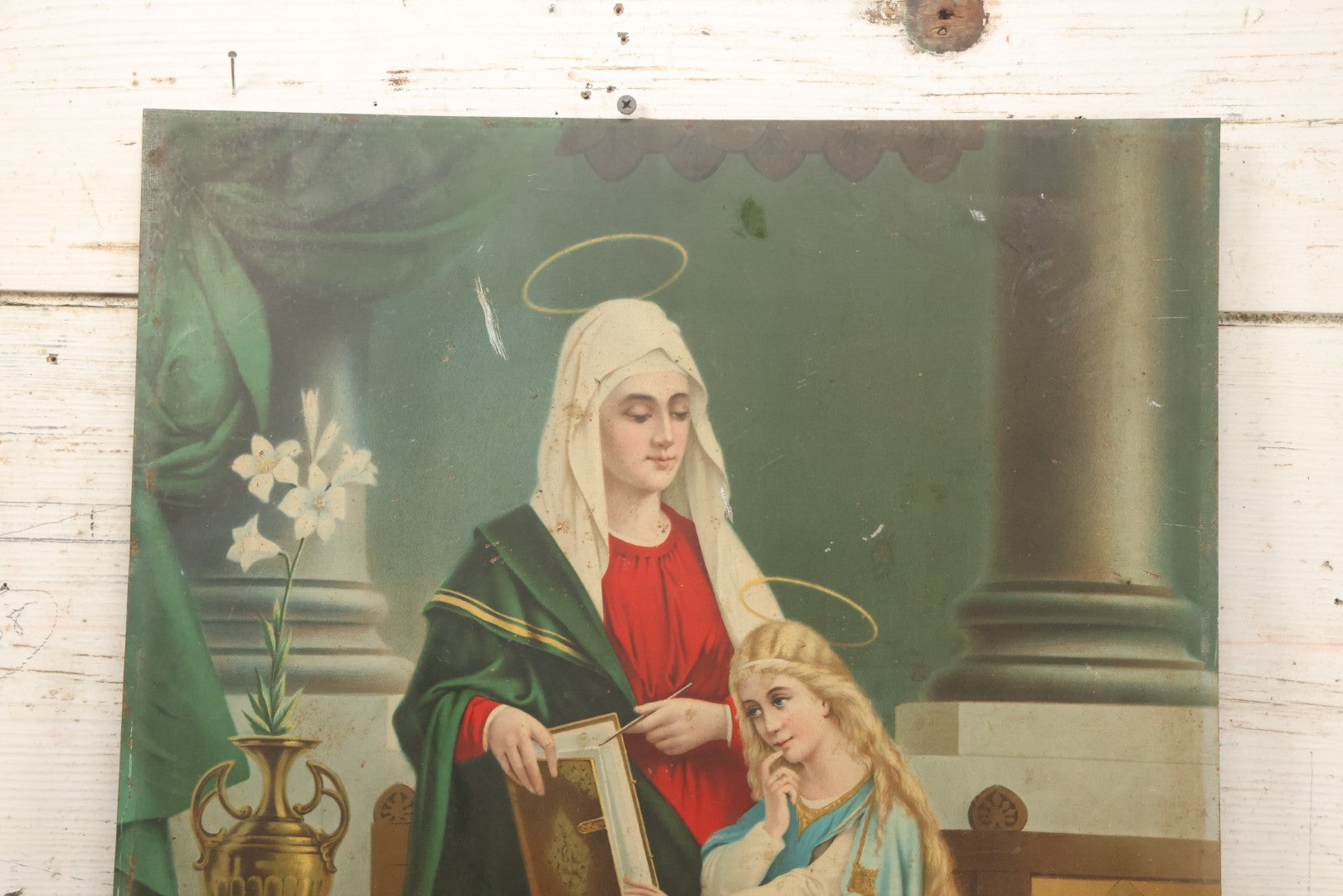 Lot 035 - Antique Tin Lithograph Christian Religious Print Of Saint Anne And Daughter Mary, Unframed, 17-1/2" x 23-1/2"