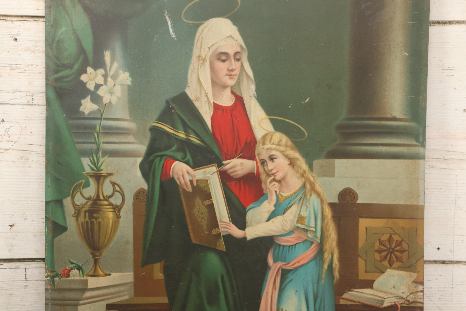 Lot 035 - Antique Tin Lithograph Christian Religious Print Of Saint Anne And Daughter Mary, Unframed, 17-1/2" x 23-1/2"