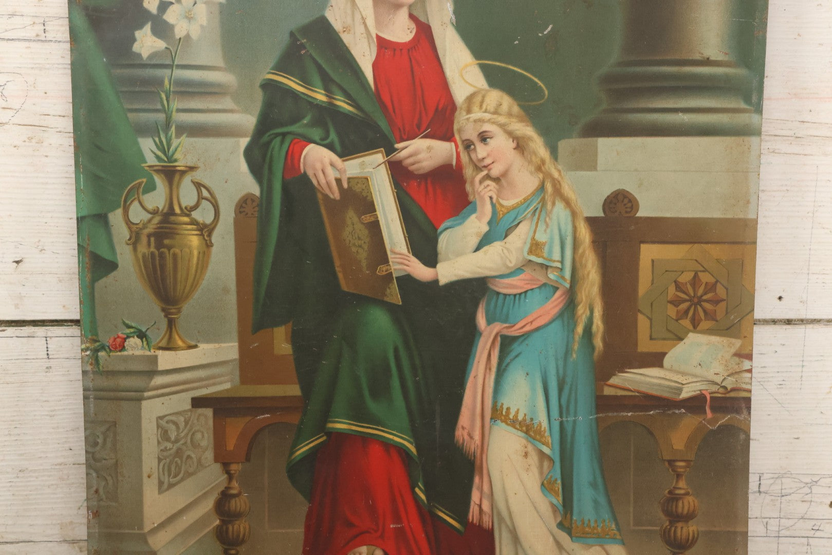 Lot 035 - Antique Tin Lithograph Christian Religious Print Of Saint Anne And Daughter Mary, Unframed, 17-1/2" x 23-1/2"