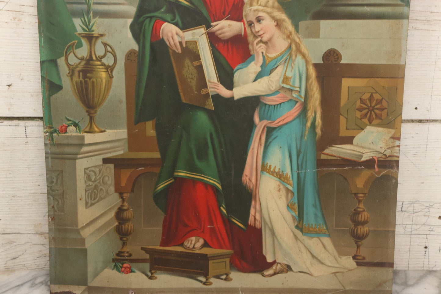 Lot 035 - Antique Tin Lithograph Christian Religious Print Of Saint Anne And Daughter Mary, Unframed, 17-1/2" x 23-1/2"