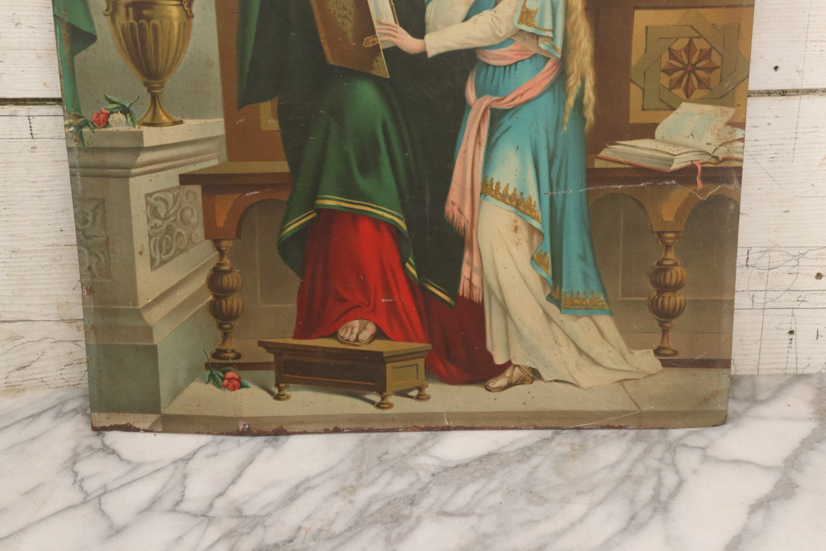 Lot 035 - Antique Tin Lithograph Christian Religious Print Of Saint Anne And Daughter Mary, Unframed, 17-1/2" x 23-1/2"