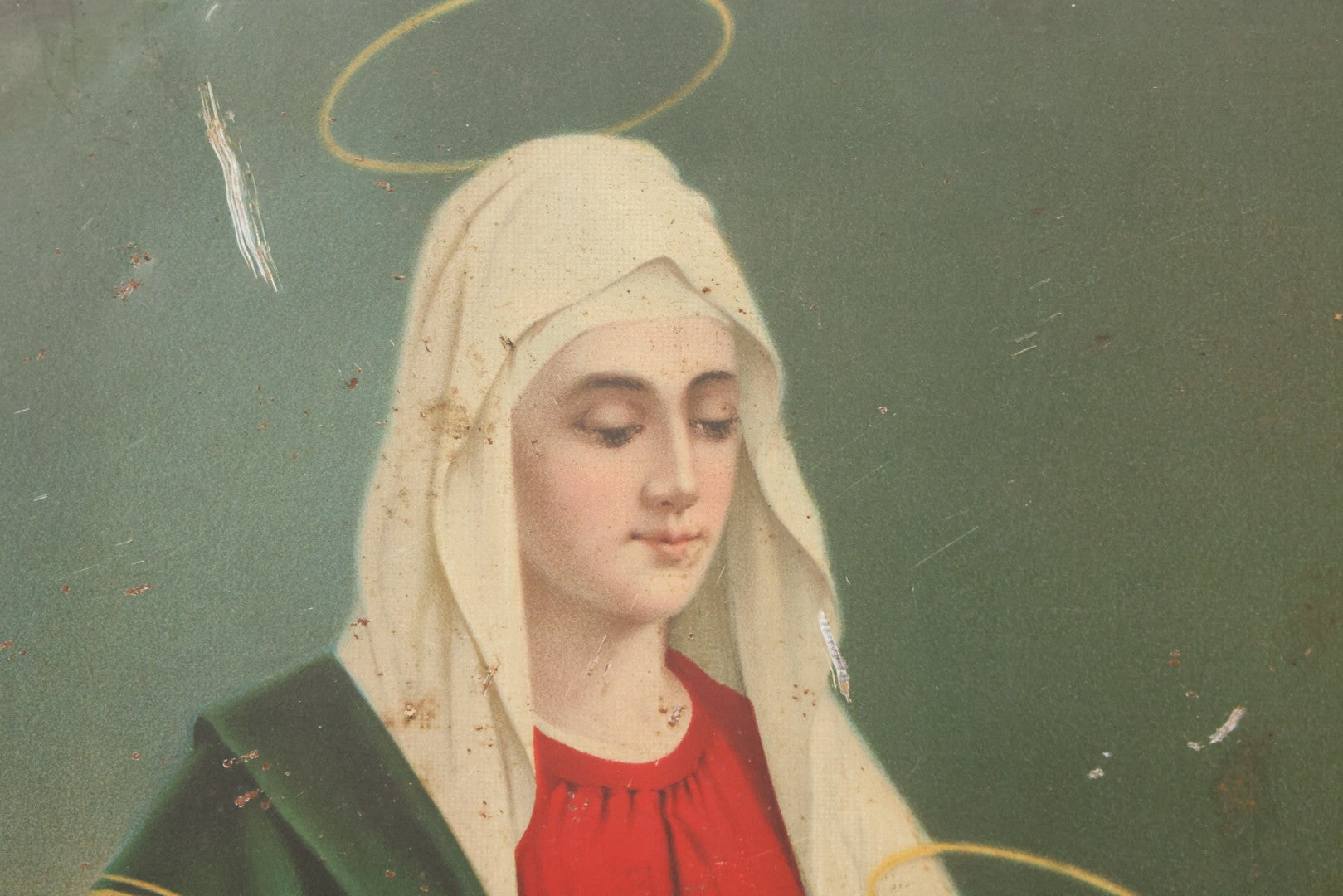 Lot 035 - Antique Tin Lithograph Christian Religious Print Of Saint Anne And Daughter Mary, Unframed, 17-1/2" x 23-1/2"