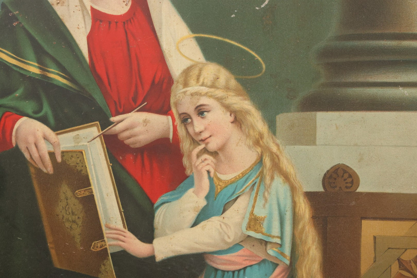 Lot 035 - Antique Tin Lithograph Christian Religious Print Of Saint Anne And Daughter Mary, Unframed, 17-1/2" x 23-1/2"