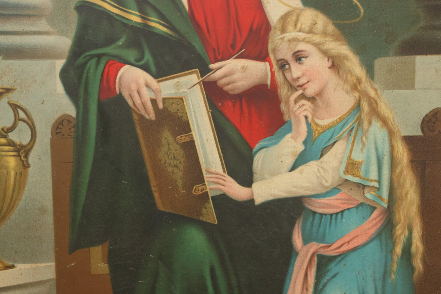 Lot 035 - Antique Tin Lithograph Christian Religious Print Of Saint Anne And Daughter Mary, Unframed, 17-1/2" x 23-1/2"