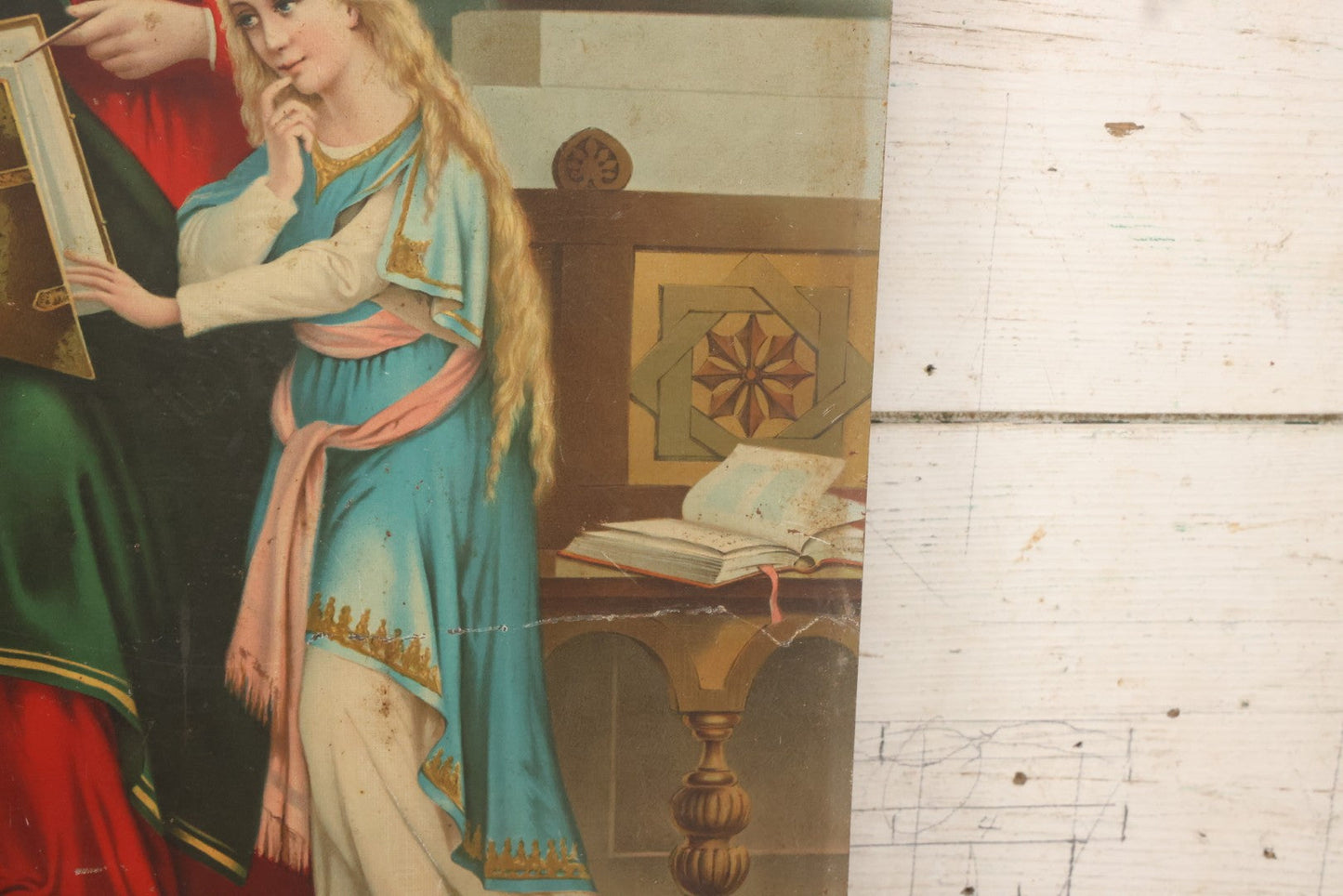 Lot 035 - Antique Tin Lithograph Christian Religious Print Of Saint Anne And Daughter Mary, Unframed, 17-1/2" x 23-1/2"