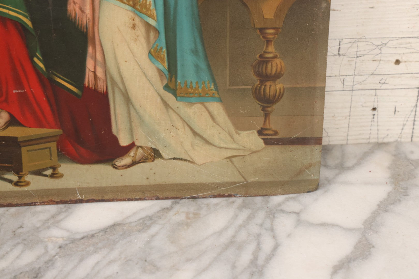 Lot 035 - Antique Tin Lithograph Christian Religious Print Of Saint Anne And Daughter Mary, Unframed, 17-1/2" x 23-1/2"