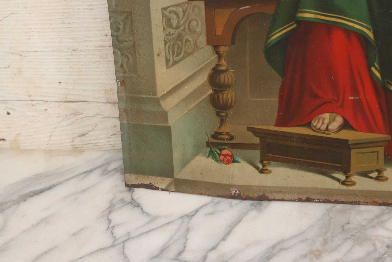 Lot 035 - Antique Tin Lithograph Christian Religious Print Of Saint Anne And Daughter Mary, Unframed, 17-1/2" x 23-1/2"