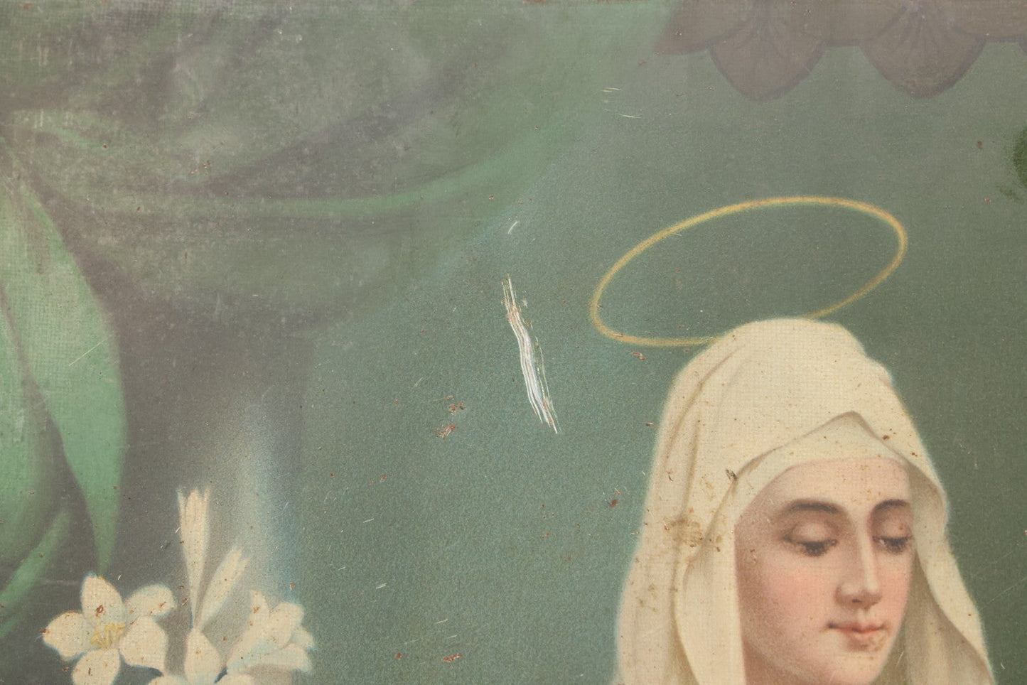 Lot 035 - Antique Tin Lithograph Christian Religious Print Of Saint Anne And Daughter Mary, Unframed, 17-1/2" x 23-1/2"