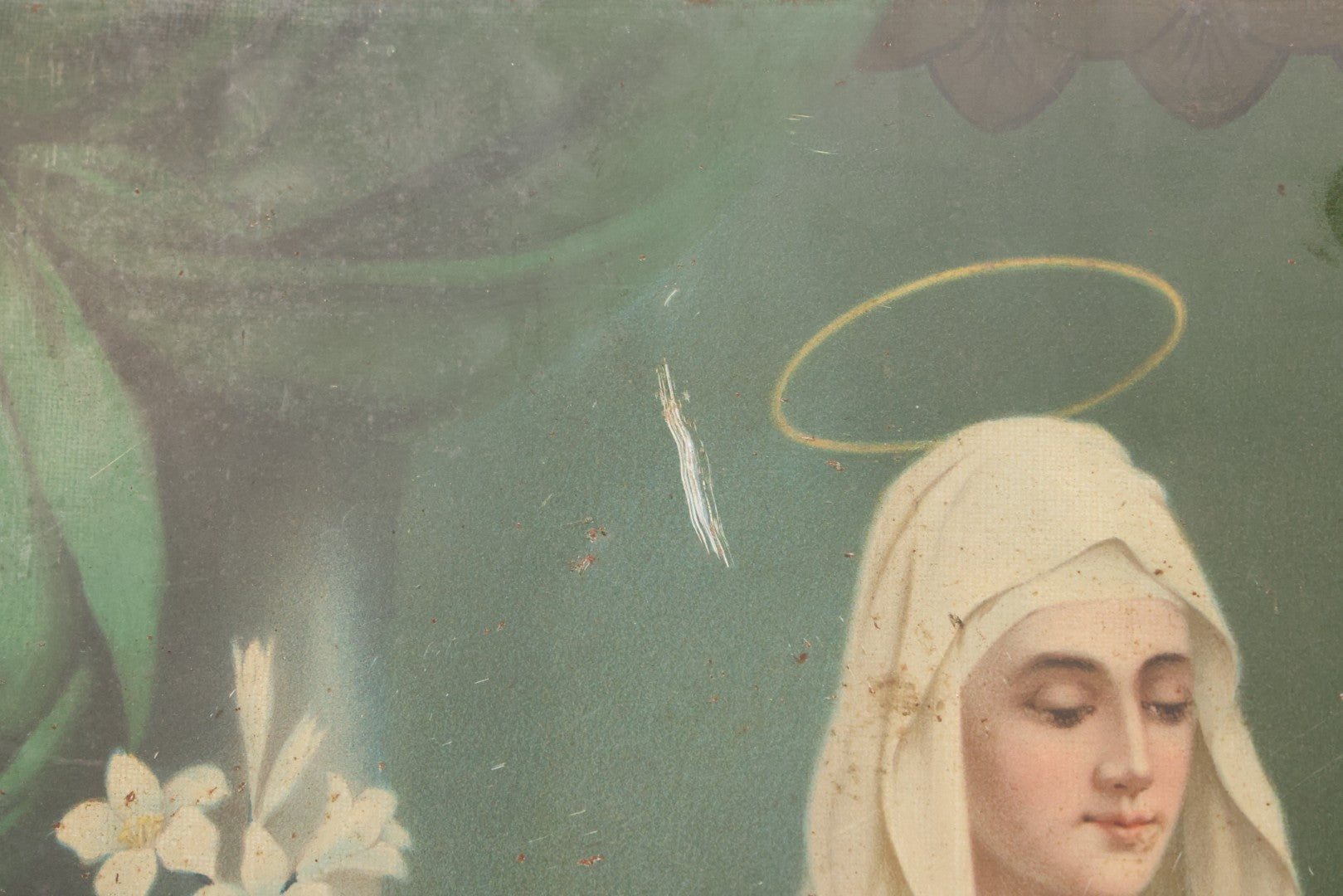 Lot 035 - Antique Tin Lithograph Christian Religious Print Of Saint Anne And Daughter Mary, Unframed, 17-1/2" x 23-1/2"