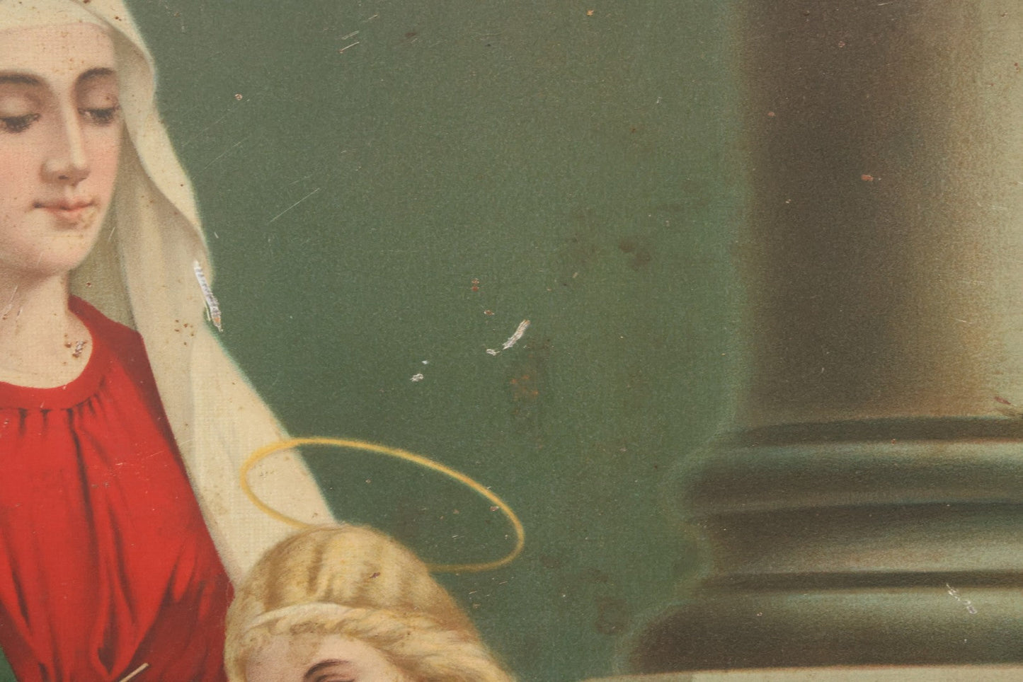 Lot 035 - Antique Tin Lithograph Christian Religious Print Of Saint Anne And Daughter Mary, Unframed, 17-1/2" x 23-1/2"