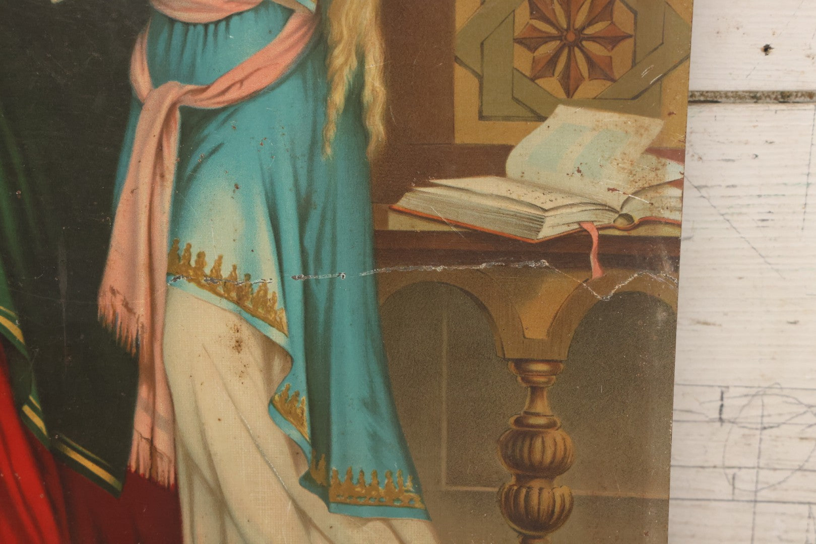 Lot 035 - Antique Tin Lithograph Christian Religious Print Of Saint Anne And Daughter Mary, Unframed, 17-1/2" x 23-1/2"