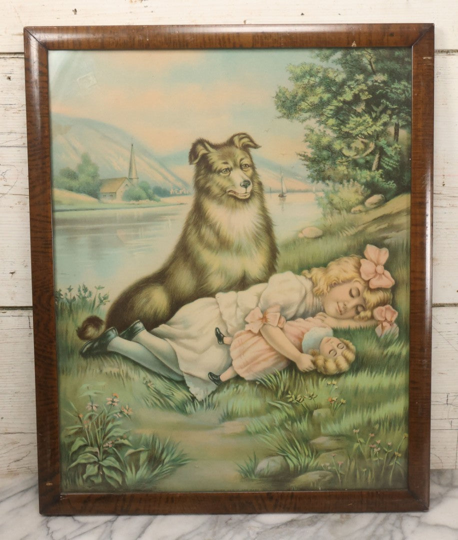Lot 036 - Antique Chromolithograph Print Of A Dog Guarding A Little Girl And Her Doll, Titled "Touch Her If You Dare," By The James Lee Co., Chicago, Circa 1906, In Frame, 17-5/6" x 21-5/8"