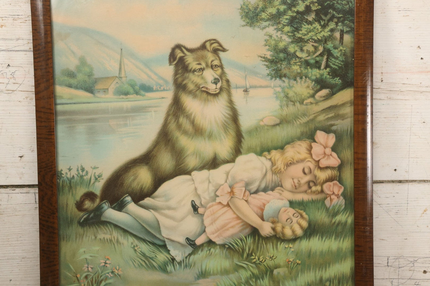 Lot 036 - Antique Chromolithograph Print Of A Dog Guarding A Little Girl And Her Doll, Titled "Touch Her If You Dare," By The James Lee Co., Chicago, Circa 1906, In Frame, 17-5/6" x 21-5/8"