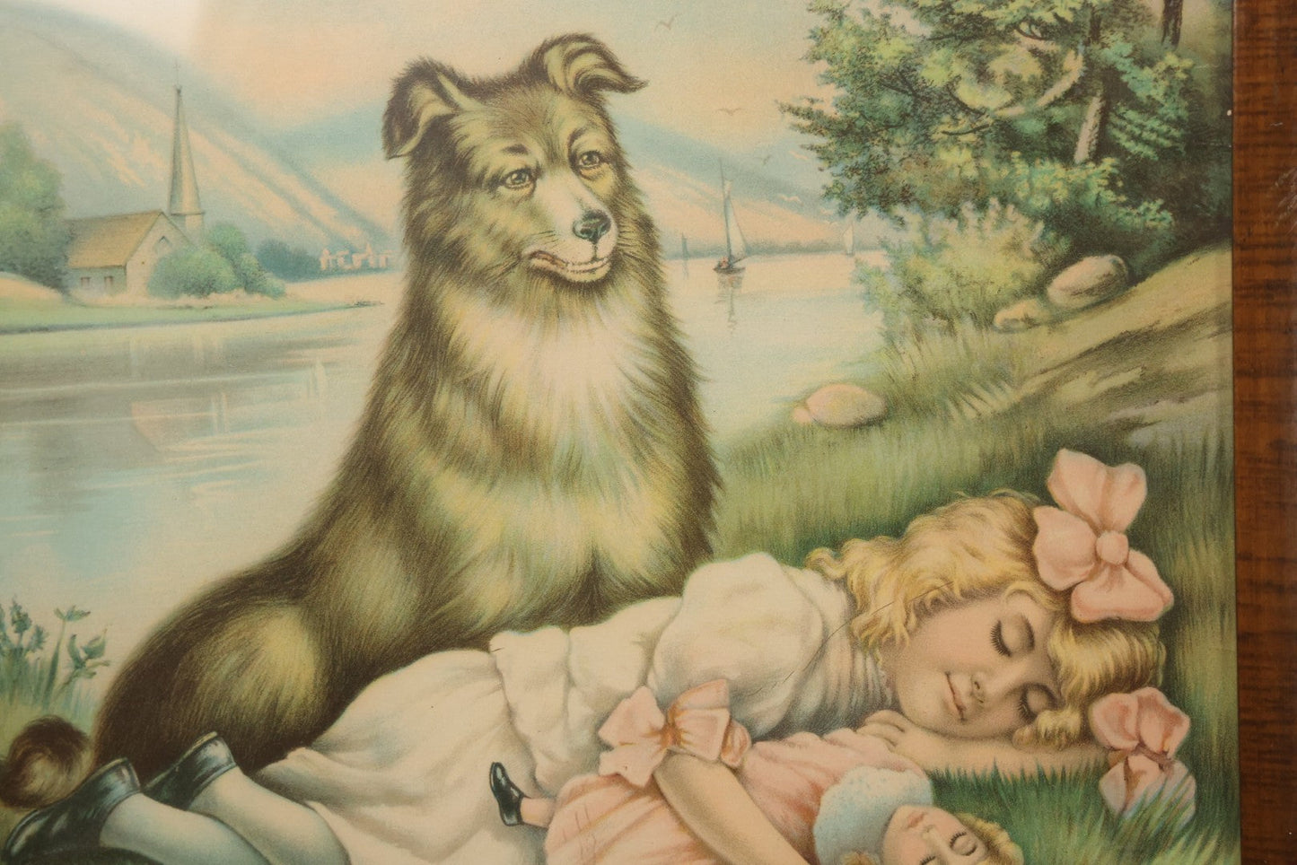 Lot 036 - Antique Chromolithograph Print Of A Dog Guarding A Little Girl And Her Doll, Titled "Touch Her If You Dare," By The James Lee Co., Chicago, Circa 1906, In Frame, 17-5/6" x 21-5/8"