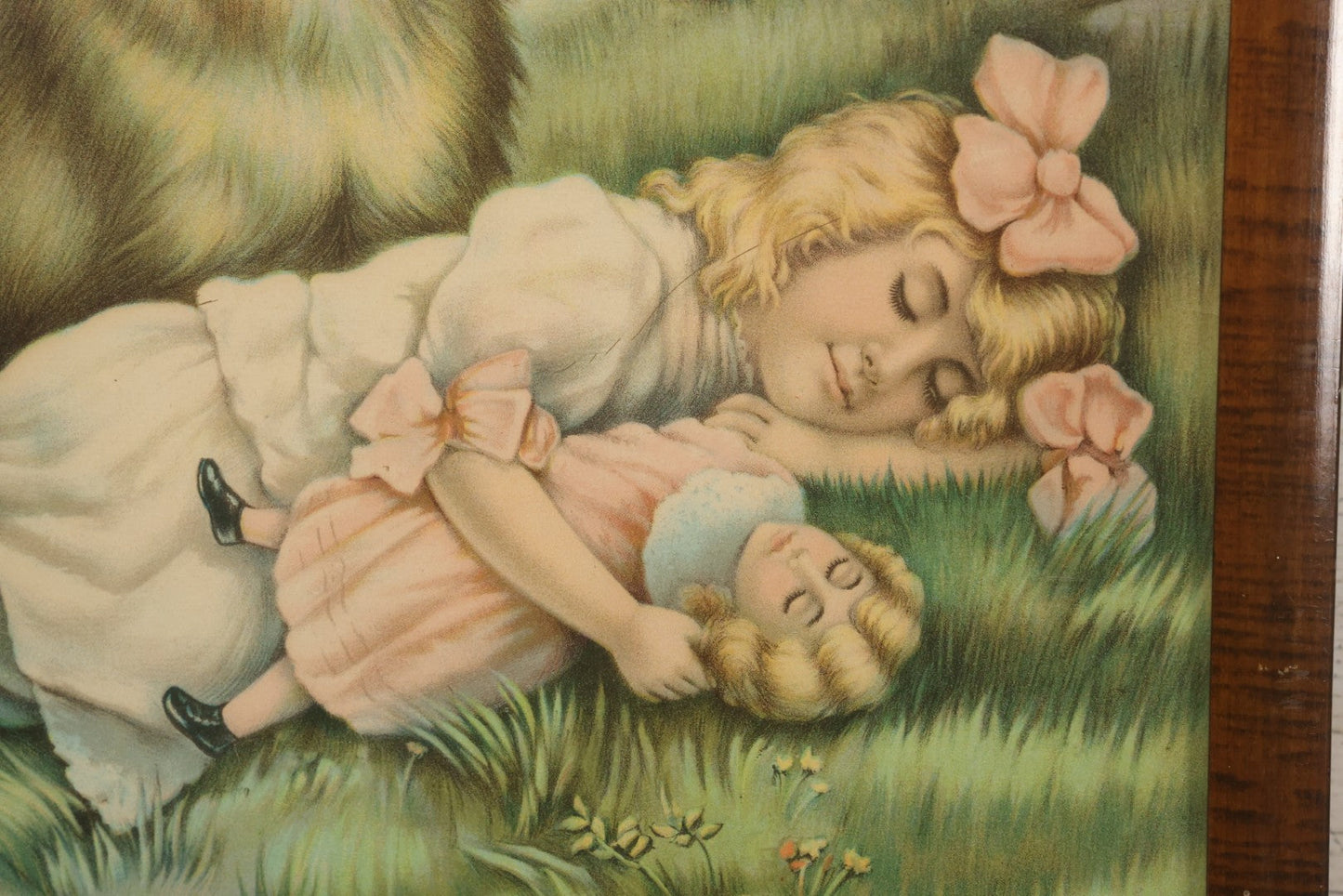 Lot 036 - Antique Chromolithograph Print Of A Dog Guarding A Little Girl And Her Doll, Titled "Touch Her If You Dare," By The James Lee Co., Chicago, Circa 1906, In Frame, 17-5/6" x 21-5/8"