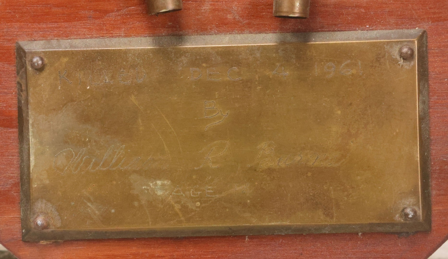 Lot 039 - Vintage Deer Antler Folk Art Display With Antlers And Skull Cap, Bullet Casings, And Hand Engraved Plaque, Which Reads "Killed December 4, 1961 By William R Burns, Age 14" 