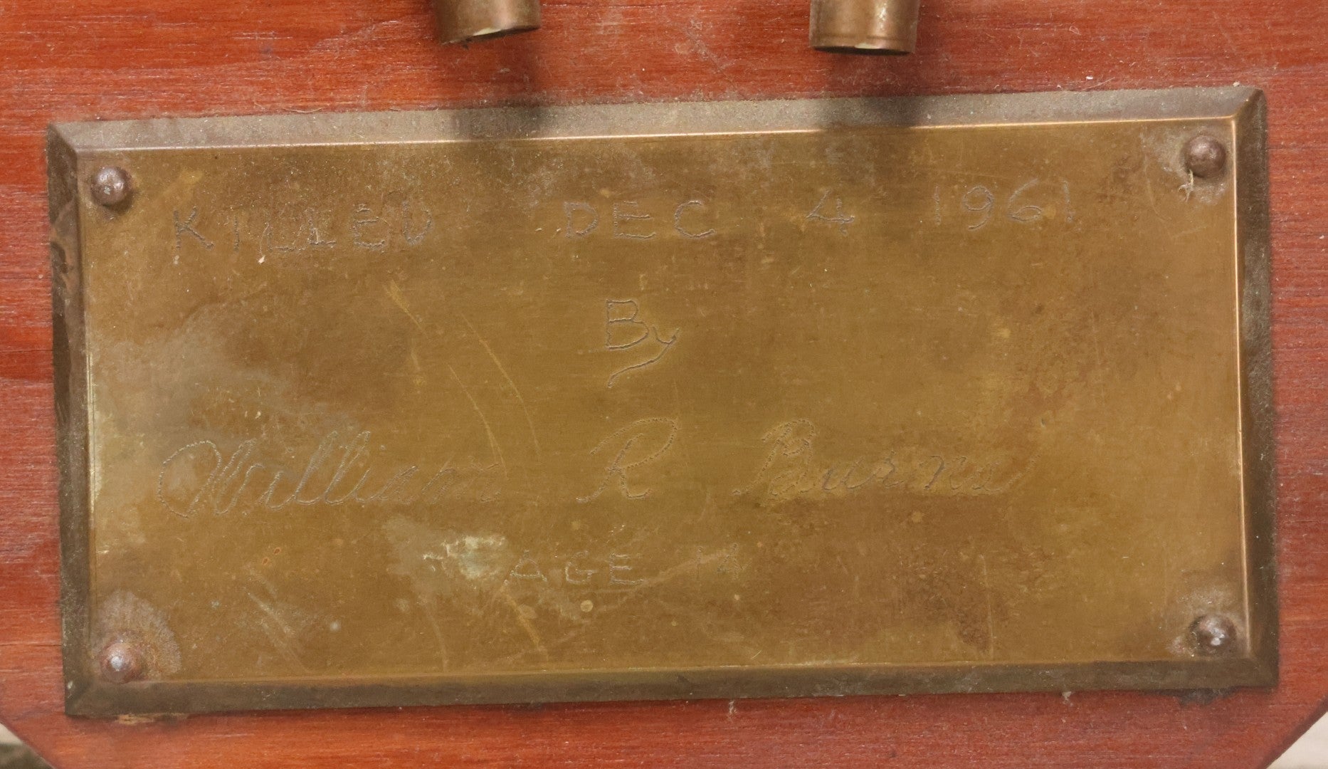 Lot 039 - Vintage Deer Antler Folk Art Display With Antlers And Skull Cap, Bullet Casings, And Hand Engraved Plaque, Which Reads "Killed December 4, 1961 By William R Burns, Age 14" 