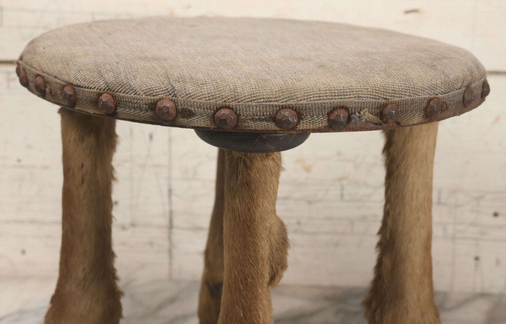 Lot 042 - Vintage Deer Leg And Hoof Taxidermy Foot Stool With Original Fabric Upholstery, Four Deer Legs, Note One Leg Missing Hoof Claw