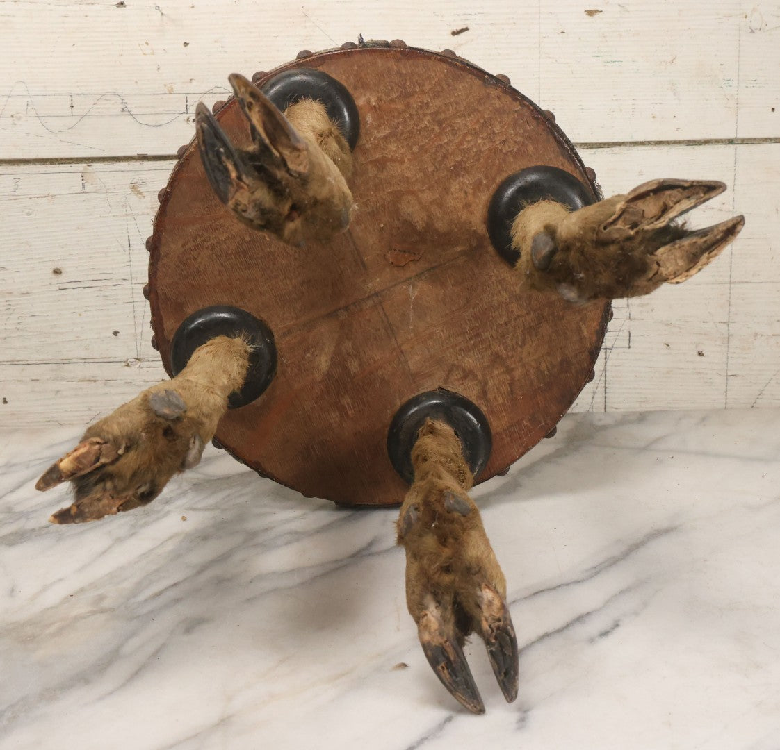 Lot 042 - Vintage Deer Leg And Hoof Taxidermy Foot Stool With Original Fabric Upholstery, Four Deer Legs, Note One Leg Missing Hoof Claw