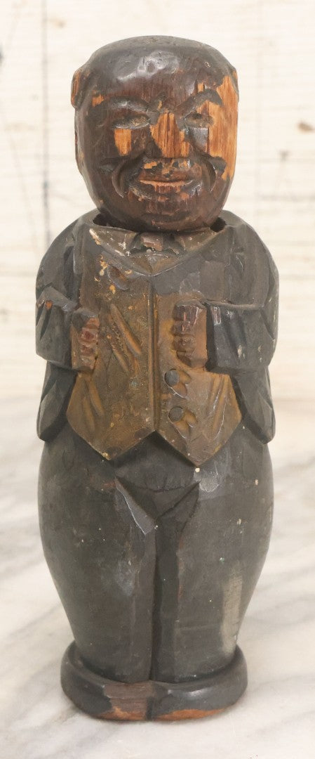 Lot 044 - Antique Folk Art Hand Carved Man In Suit Wooden Statue With Shoeshine Brush Attached To Head, With Original Paint, Note Wear Throughout