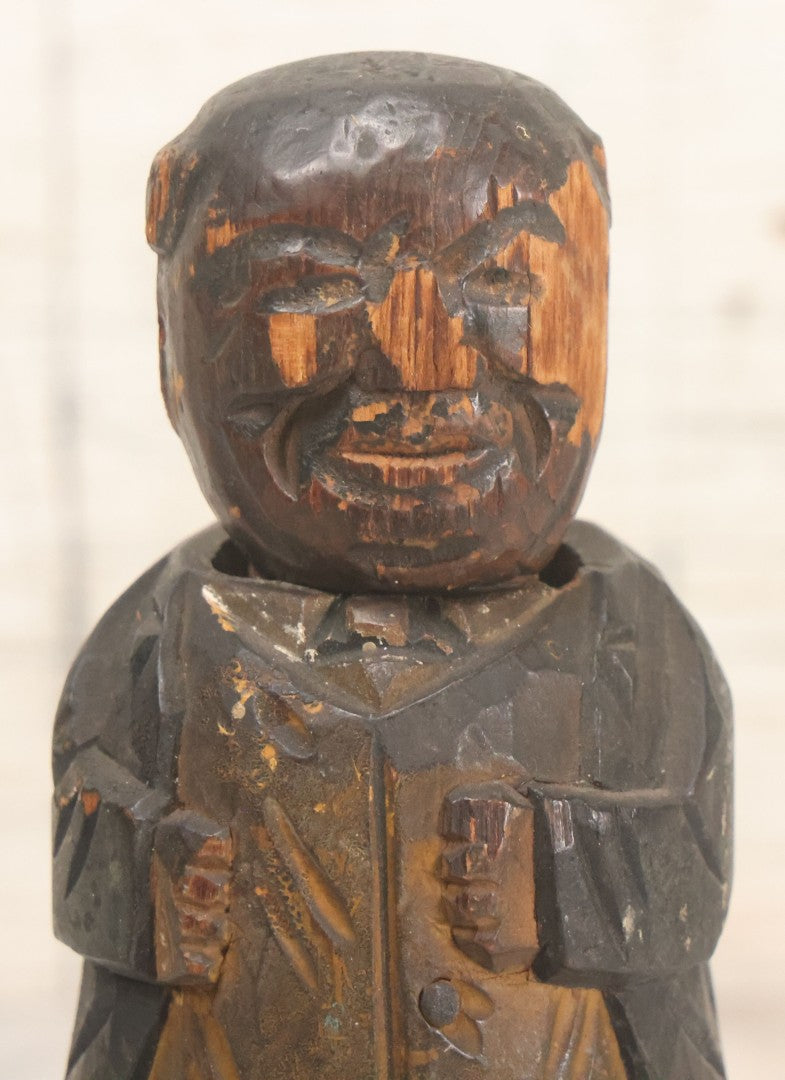 Lot 044 - Antique Folk Art Hand Carved Man In Suit Wooden Statue With Shoeshine Brush Attached To Head, With Original Paint, Note Wear Throughout