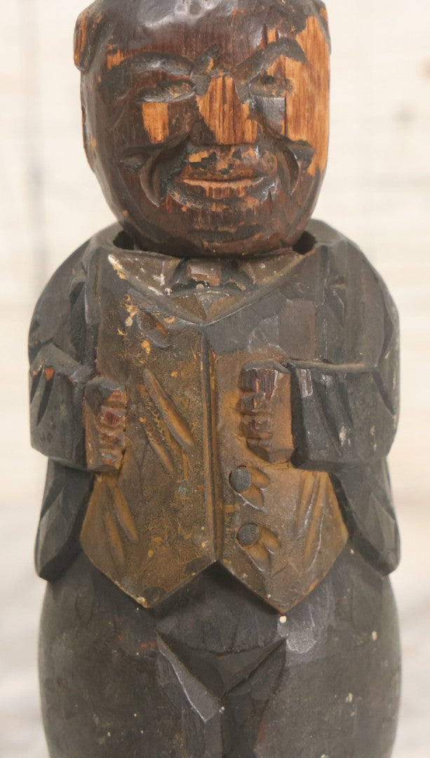Lot 044 - Antique Folk Art Hand Carved Man In Suit Wooden Statue With Shoeshine Brush Attached To Head, With Original Paint, Note Wear Throughout