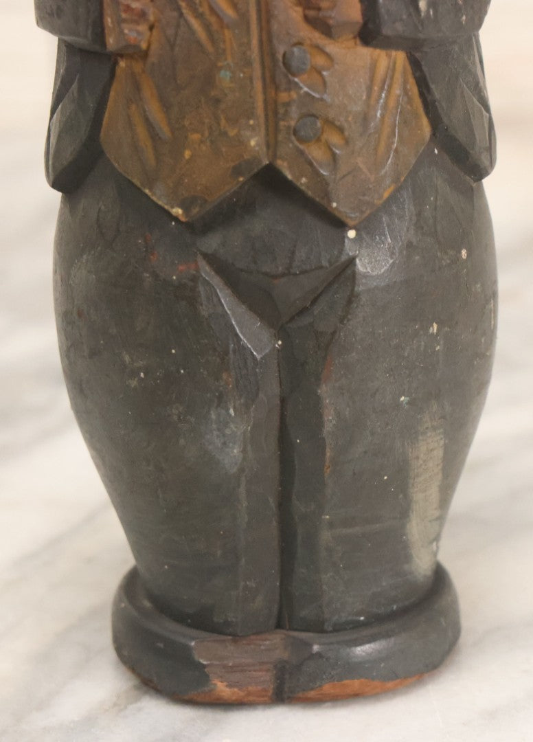 Lot 044 - Antique Folk Art Hand Carved Man In Suit Wooden Statue With Shoeshine Brush Attached To Head, With Original Paint, Note Wear Throughout