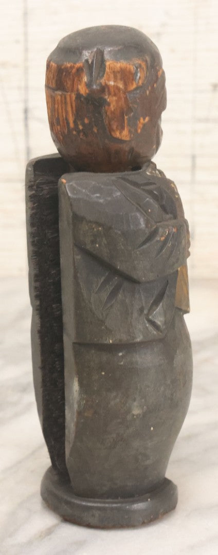 Lot 044 - Antique Folk Art Hand Carved Man In Suit Wooden Statue With Shoeshine Brush Attached To Head, With Original Paint, Note Wear Throughout