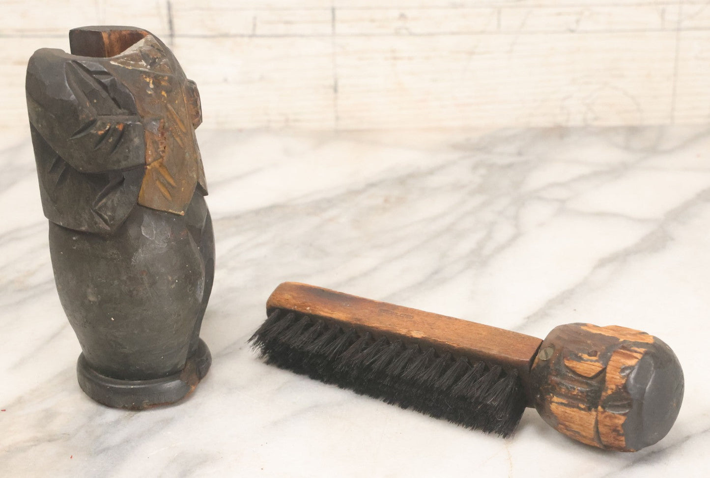 Lot 044 - Antique Folk Art Hand Carved Man In Suit Wooden Statue With Shoeshine Brush Attached To Head, With Original Paint, Note Wear Throughout