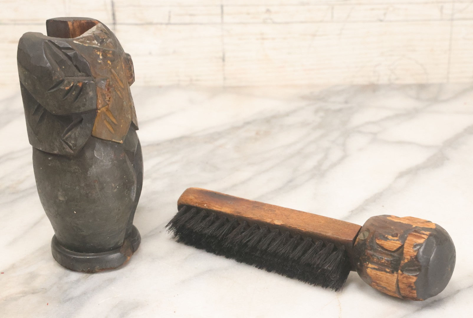 Lot 044 - Antique Folk Art Hand Carved Man In Suit Wooden Statue With Shoeshine Brush Attached To Head, With Original Paint, Note Wear Throughout