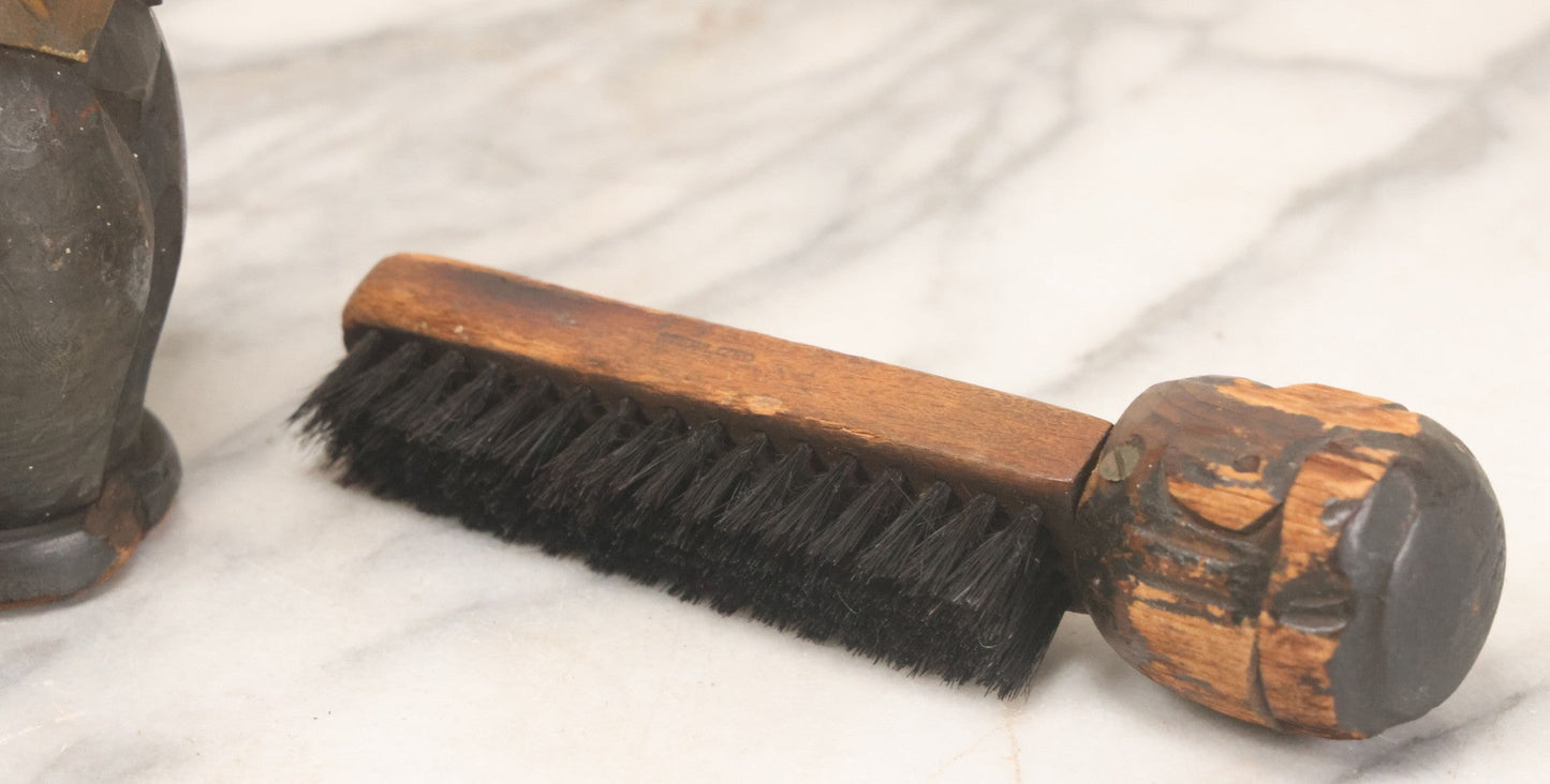 Lot 044 - Antique Folk Art Hand Carved Man In Suit Wooden Statue With Shoeshine Brush Attached To Head, With Original Paint, Note Wear Throughout