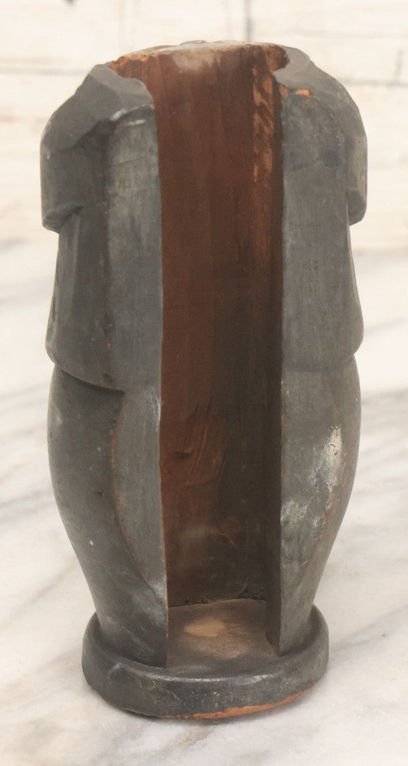 Lot 044 - Antique Folk Art Hand Carved Man In Suit Wooden Statue With Shoeshine Brush Attached To Head, With Original Paint, Note Wear Throughout