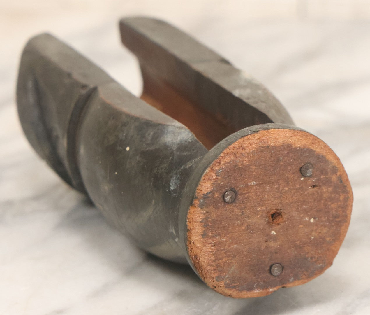 Lot 044 - Antique Folk Art Hand Carved Man In Suit Wooden Statue With Shoeshine Brush Attached To Head, With Original Paint, Note Wear Throughout